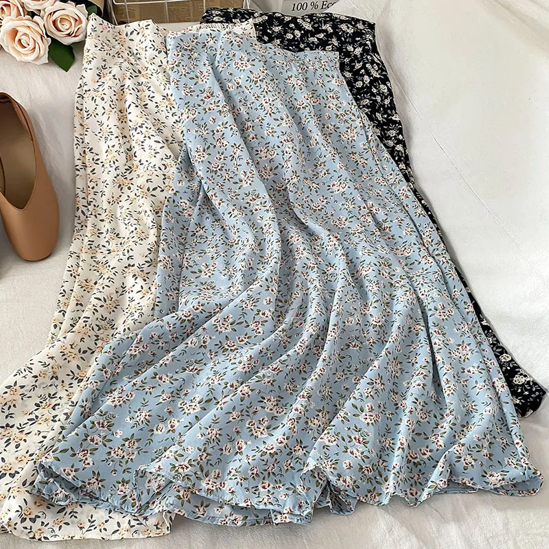 

Blue Floral Print Ruffle Pleated Long Skirts Summer Women Korean Skirt Streetwear Drawstring Elastic Waist Midi Skirt