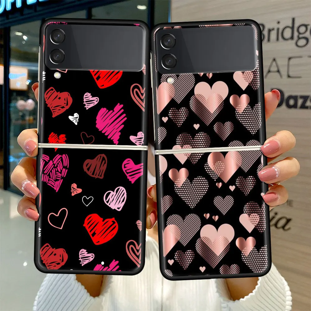 

Fold Case for Samsung Galaxy Z Flip 3 Black Silicone Hard Phone Cover Shockprooft Capas Fashion Funda Cute Love Heart