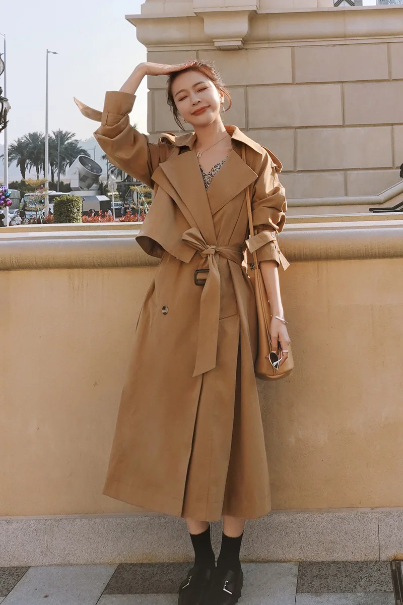 

Women Korean Vintage Loose Casual Long Trench Coat Office Lady Elegant Doule Breasted Windbreaker Overcoat Cloak Autumn Winter