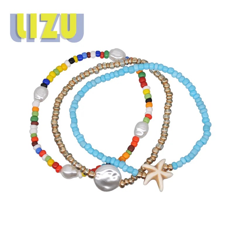 3pcs/set New handmade ethnic beach wind color rice pearl bracelet starfish |