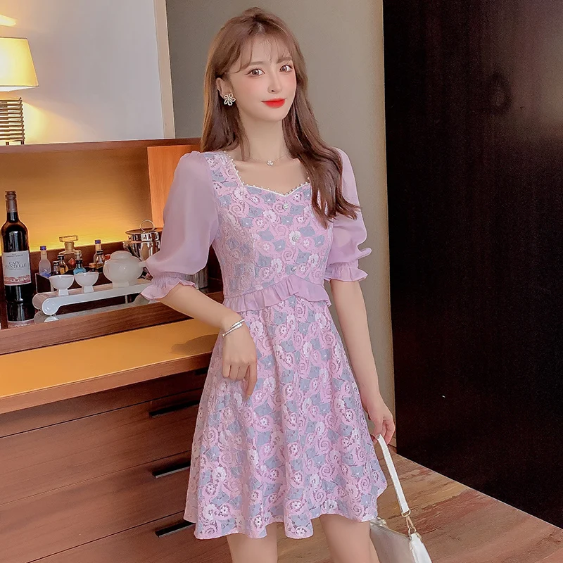 

COIGARSAM Fashion Lace Women one-piece dress korean New Summer Square Collar Dresses Green Pink Purple 828