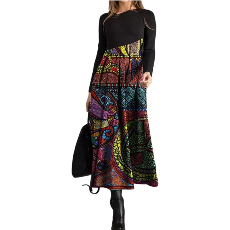 

2021 Spring Autumn Elegant Women's Fashion Maxi Dresses O-Neck Floral Print Long Sleeve Patchwork Trendy Ropa Mujer Talla Grande