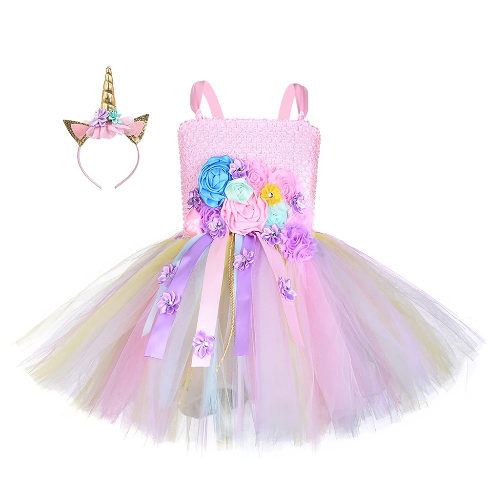 Unicorn Tutu Dress with Headband Cute Girls Flowers Knee Length Birthday Party Dresses Children Kids Halloween Carnival Costume | Детская
