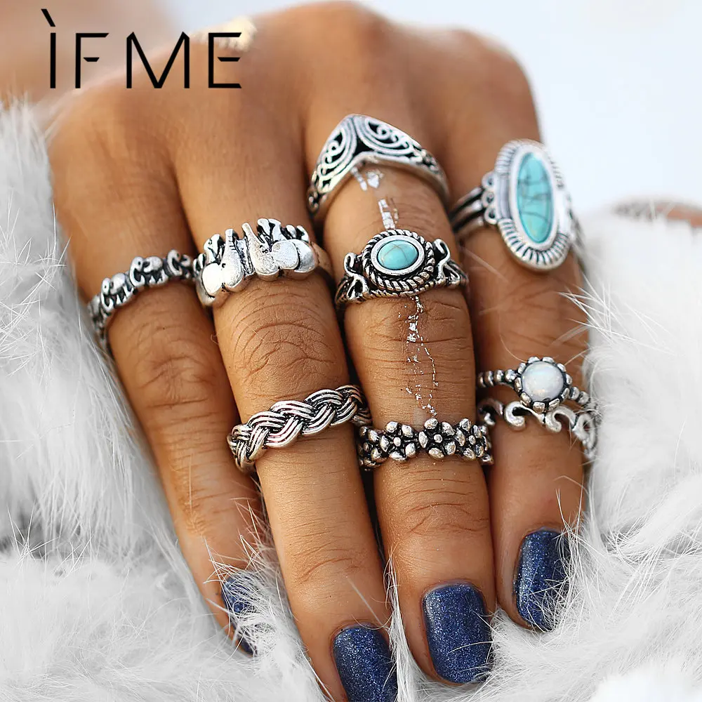 Винтажные наборы колец для женщин богемский серебристый цвет опал камень слон