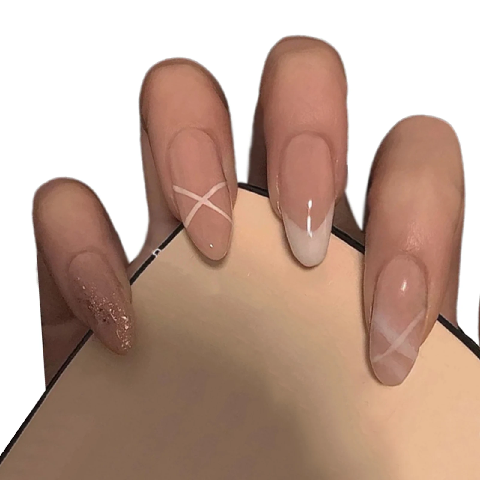

24pcs Nude Color Nail Patch Round Head Glue Type Removable Long Paragraph Fashion Manicure False Nail Patch