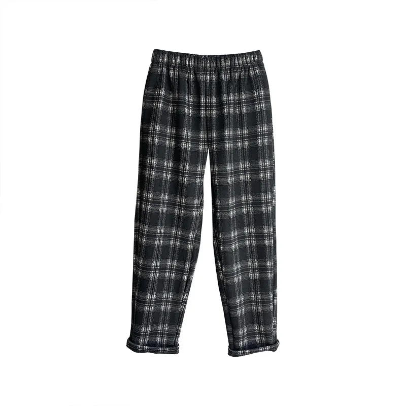 

Winter 2020 Black White Fleece Plaid Pants Women's Ankle-Length Pants High Waist Korean Granny Casual Elastic Waist Pants