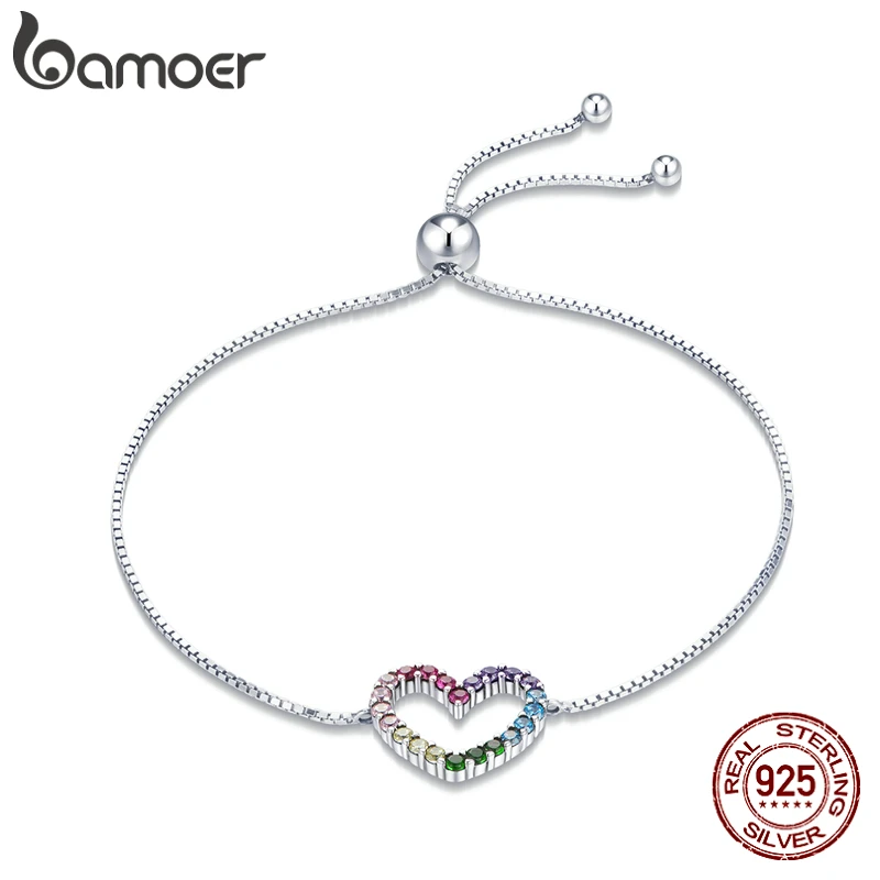 Bamoer 925 Sterling Silver Colorful Heart Pattern bracciale regolabile Love zircone Chain for Women Fine Jewelry SCB216