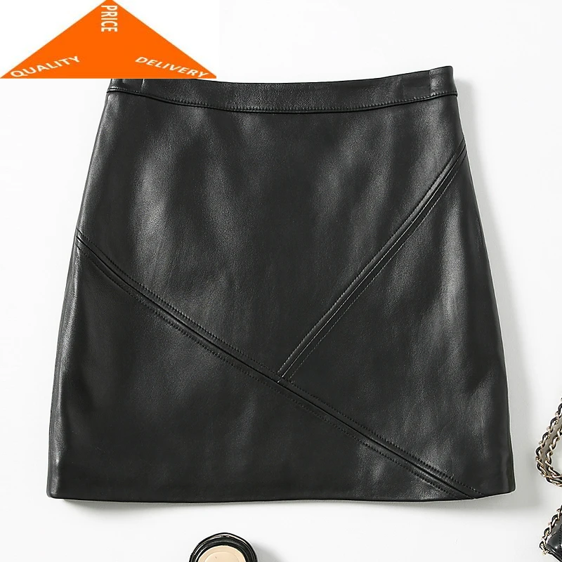 

Sheepskin Mini Real Womens Genuine Leather Skirt Spring Elegant Ladies Black Skirts Faldas Mujer Moda 2020 LWL9709