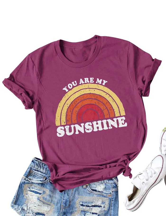 

Women You Are My Sunshine Rainbow Top Aesthetic Slogan Crew Neck Trendy Floral Casual Ladies Short Sleeve Hipster Tee T-Shirt