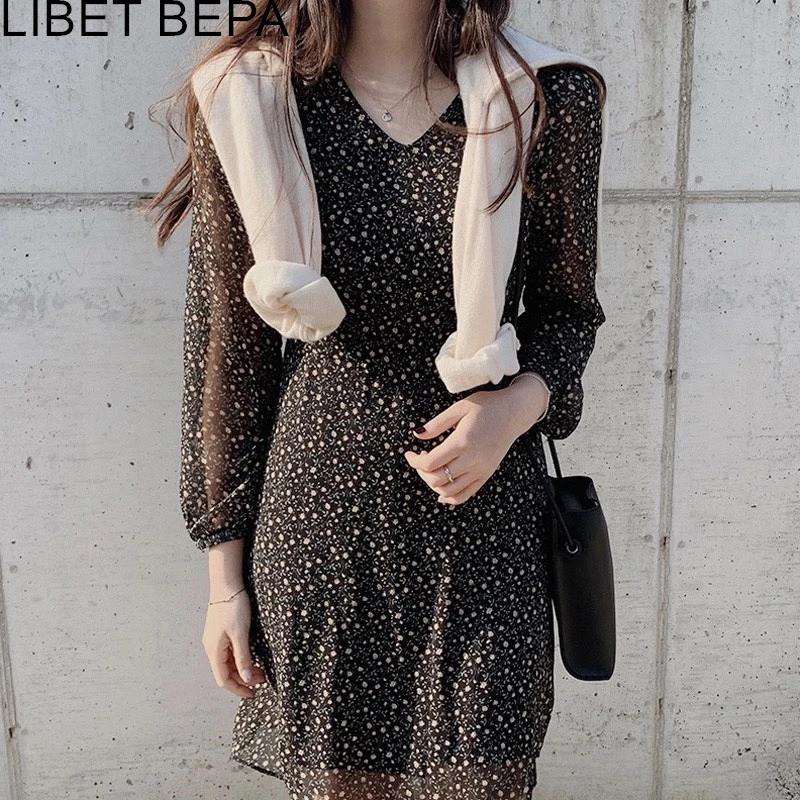 

2021 New Spring Summer Women Dresses V-Neck High Waist Floral Lace Up Casual Korean Fashionable Chiffon Vintage Dresses DR3307