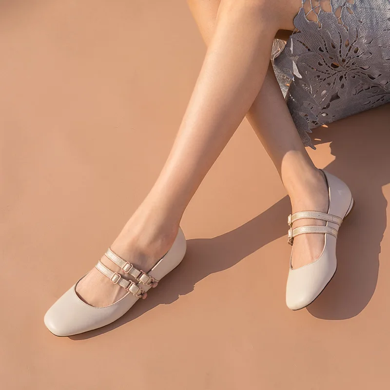 Женские балетки на плоской подошве BeauToday Мэри Джейн из телячьей кожи с квадратным