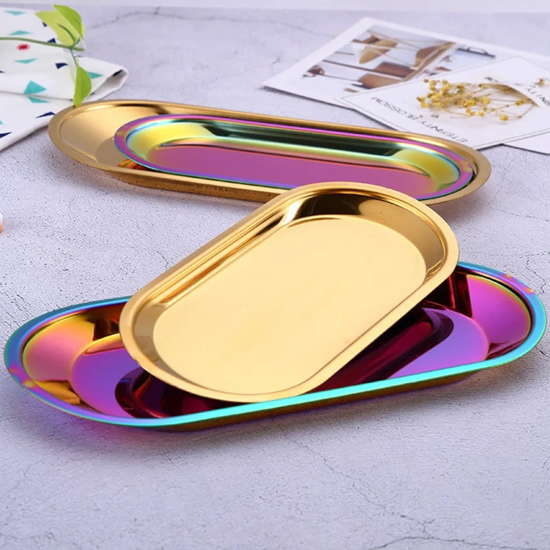 

Gold Storage Tray Fruit Sancks Jewelry Display Plate Kitchen Organizer Tools Metal Seal Clip Bean Spoon Clip