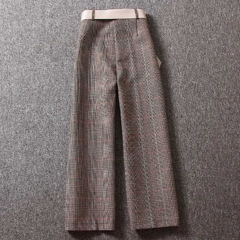 

2020 Winter& Autumn New Fashion Women Straight Plaid Pants Winter Casual Slacks Elegant Womens Formal Trousers Wide Leg Pants