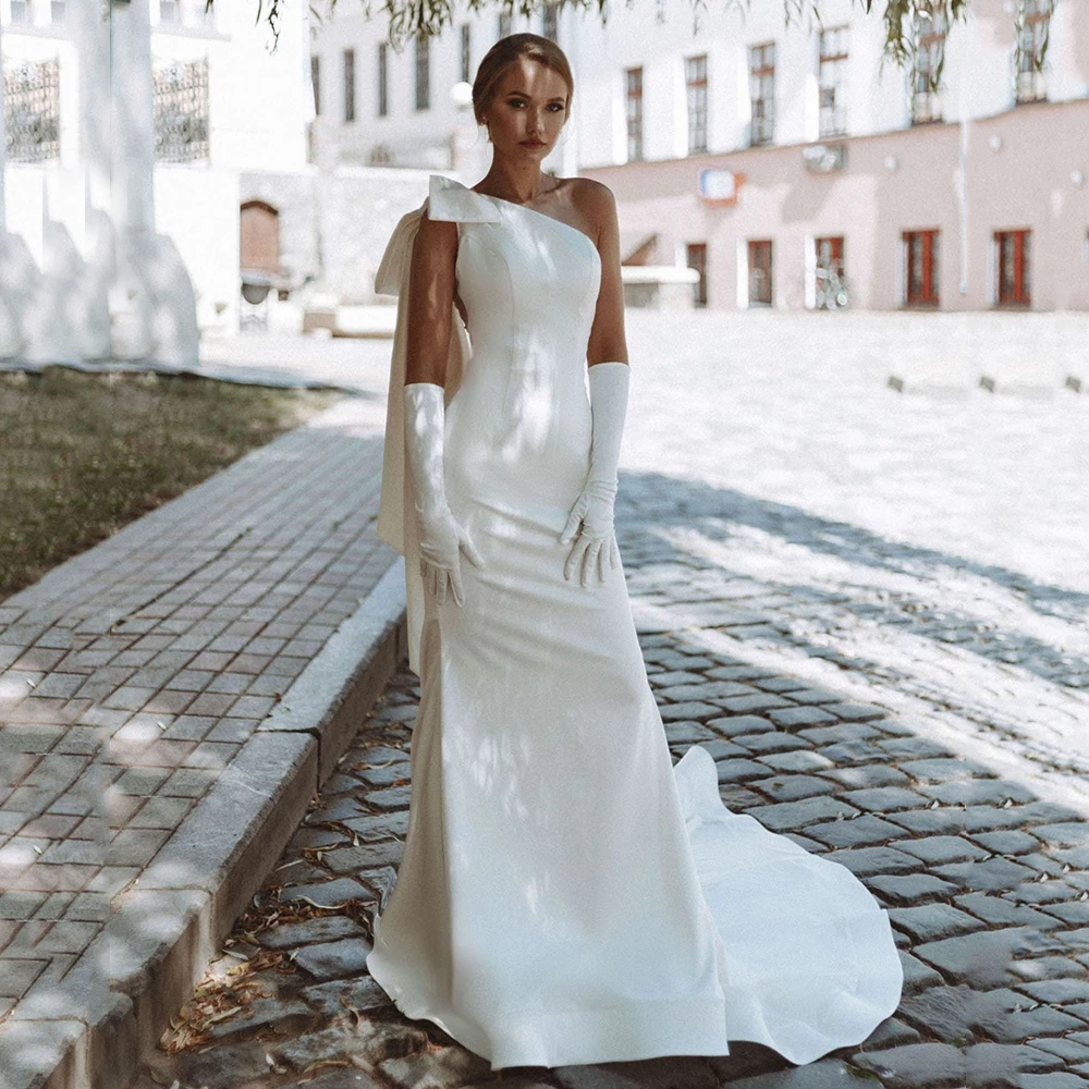 

Simple One Shoulder Bow Vestido De Fiesta Boda Jersey Illusion Back Sleeveless Wedding Gown White Ivory Bridal Dress