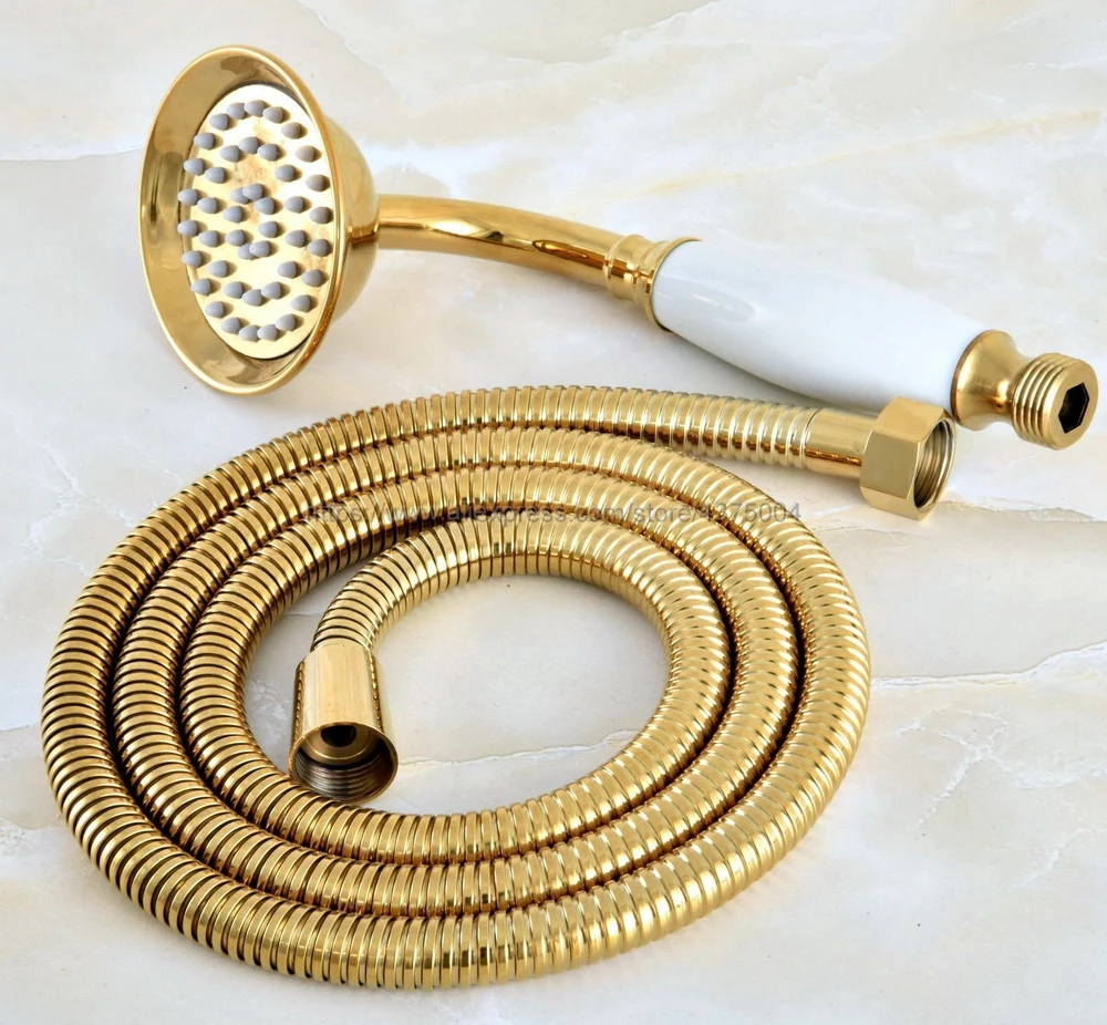 luxury gold color brass ceramics telephone hand held shower head 1 5 m hose bathroom shower set nhh039 free global shipping