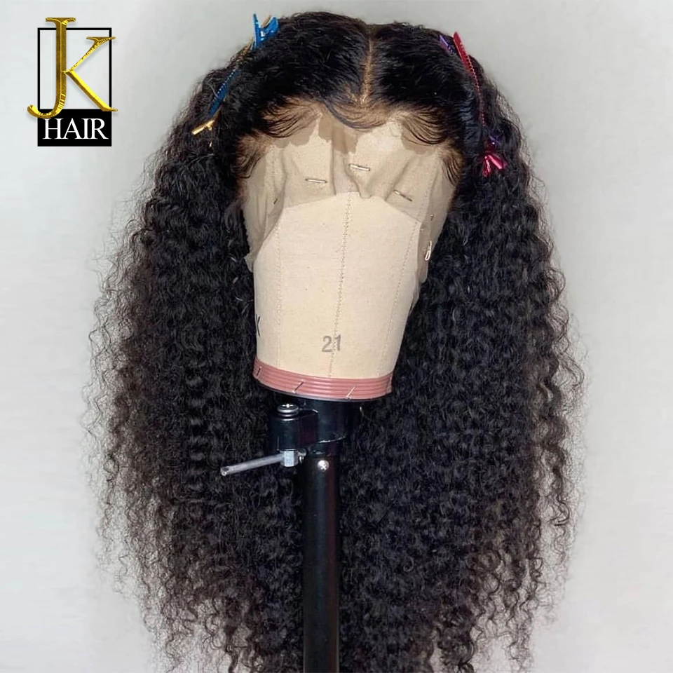 Кудрявые волосы Remy перуанские 13 × 4 человеческие парики для женщин натуральный черный фронтальный парик предварительно сорванный может сделать 360 круг булочка JK