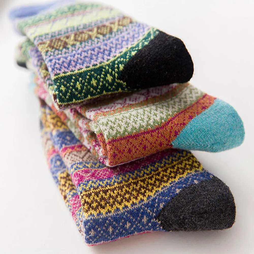 

5 pairs Women Socks Vintage print Thick Wool Warm cotton Winter Socks Colorful