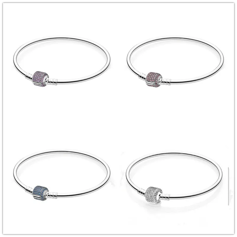 

925 Sterling Silver Pave Barrel Clasp With Crystal Snake Chain Bracelet Bangle Fit Women Bead Charm Bracelets DIY Jewelry