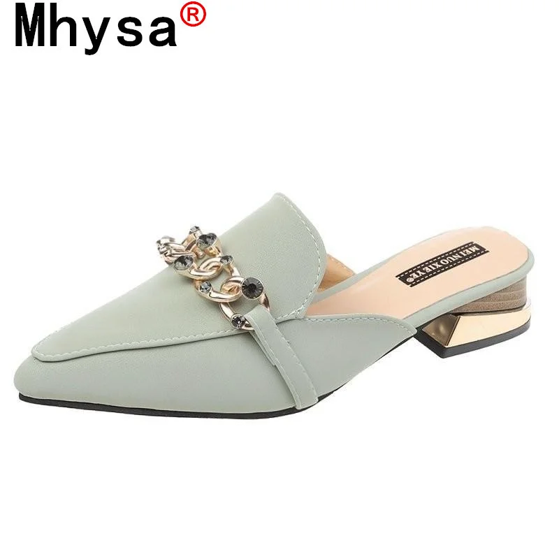 

2021 Spring New Women's Slippers Fashion Sexy Pointed Pu Leather Ladies Slippers Outdoor Comfortable Square Heel Shoes for Woman