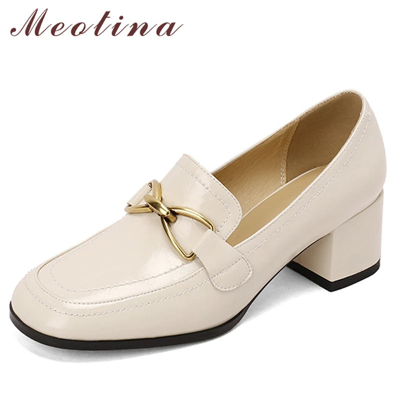 

Meotina Women Loafers Shoes Genuine Leather Thick Heels Chain Pumps Square Toe High Heel Ladies Footwear Spring Black Beige 40