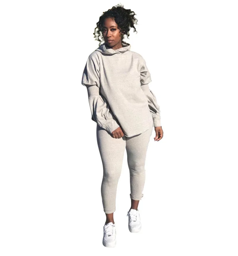 

Solid Tracksuit Women Two Piece Set Lantern Sleeve Hoodie Top And Pants Loose Casual Sports Suits Spring Autumn Female Outfits