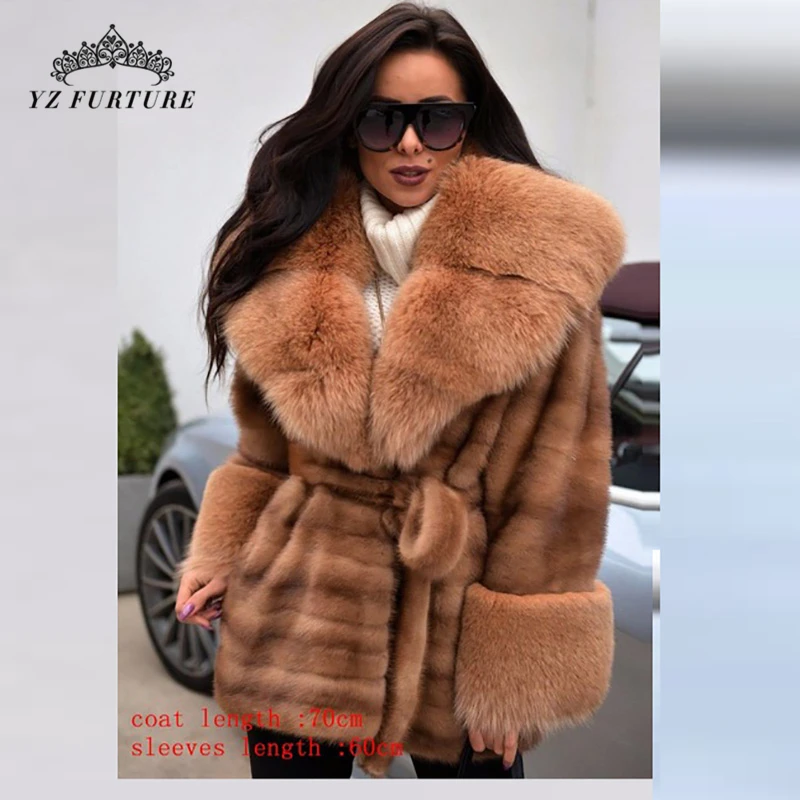 Длинная шуба из натурального меха норки 90 см Роскошная Шуба с поясом и большим