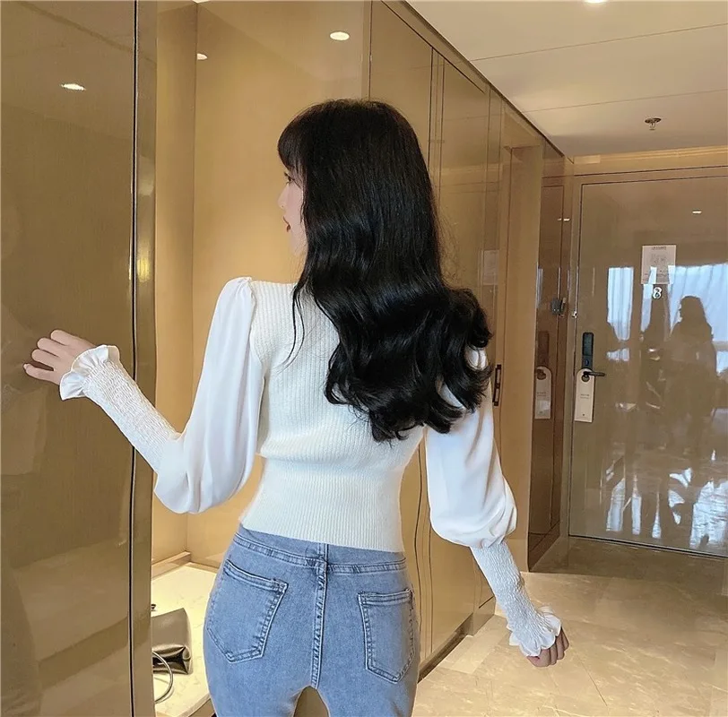 

Korean V-neck Long Sleeve Patchwork Knitted Sweaters Women Clothes Slim Single-breasted Crop Top Fashion Cardigan Ladies Tops