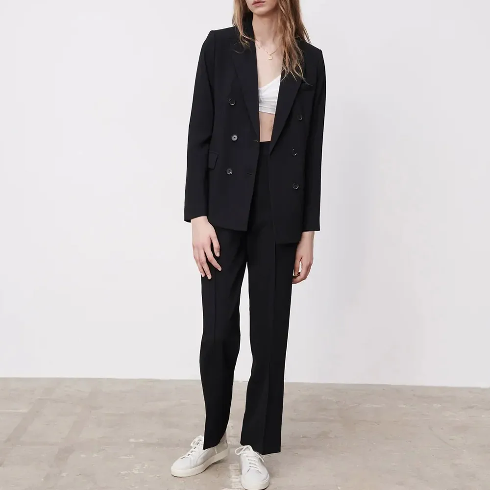 

2021 Latest Spring Autumn Office Lady Suit Long Sleeve Blazer Notched Double Breasted Top Black Womens Coat Solid Clothes