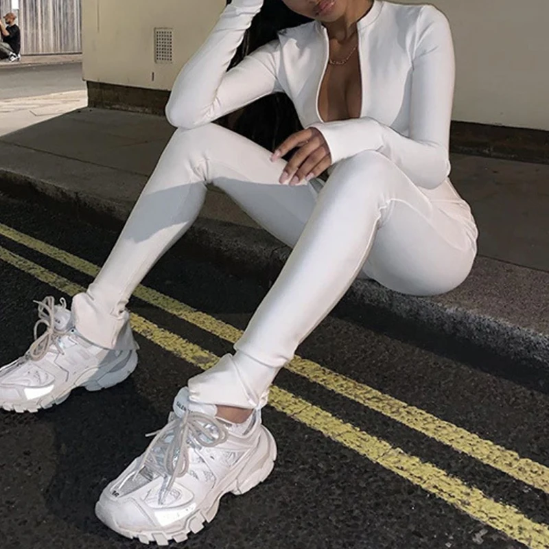 

Bodycon Jumpsuit Long Sleeve White Black Womens Rompers Jumpsuit Overalls Zipper Sexy Playsuit Jumsuit Elegante Para Mujer