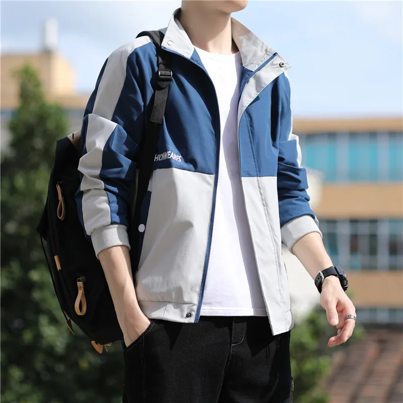 

2021 men's autumn new letter print jacket youth trend stand-up collar color matching casual slim fit all-match jacket