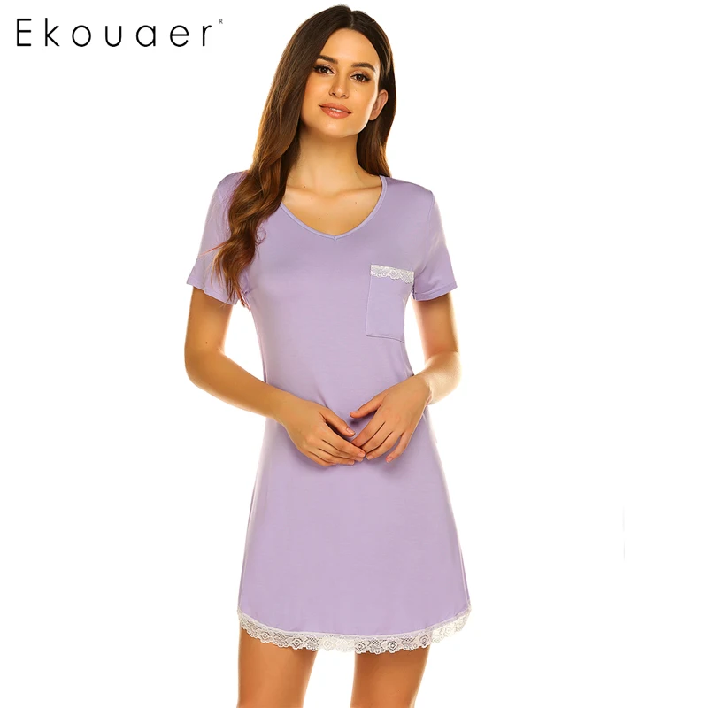 light purple Ekouaer, летняя Ночная сорочка, ночная рубашка с круглым вырезом и коротким рукавом, кружевная ночная рубашка, мягкая домашняя одежда для сна, ночная рубашка - Цвет: light purple