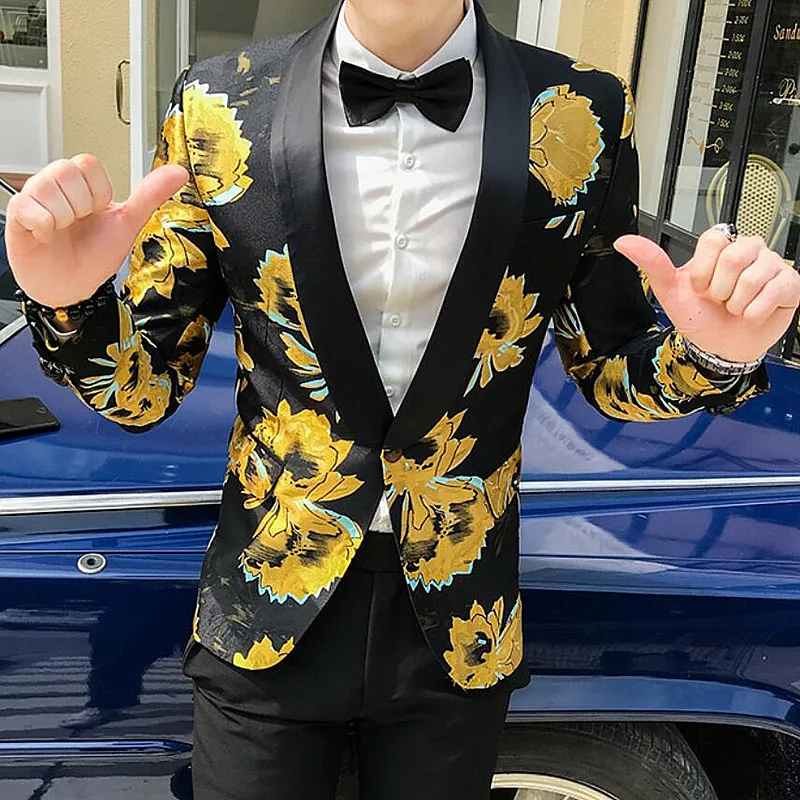 Новинка 2019 цветочный Мужской Блейзер черный золотой принт повседневный мужские