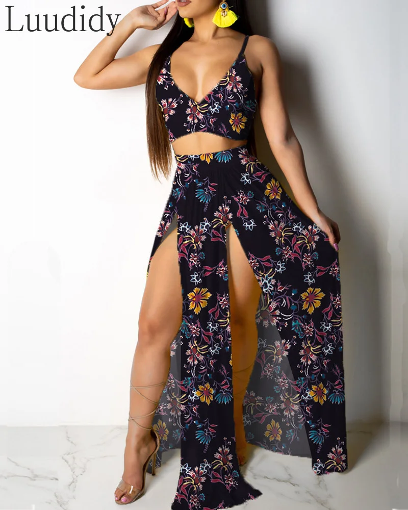 

Summer Print 2 Piece Set Women Sexy Sleeveless Halter Crop Top & Hem Slit Asymmetry Long Skirt Suits Beachwear