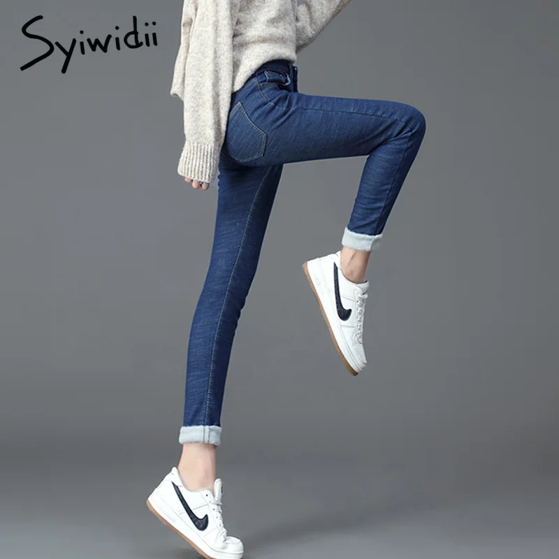 Syiwidii Стрейч Флисовые Теплые джинсы женские 2021 синие Черные обтягивающие Уличная