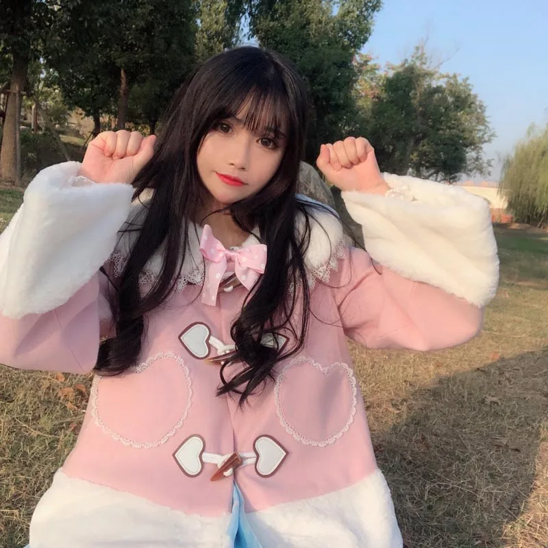 

Japanese Short Pink Lolita Coat Soft Girls Peter Pan Collar Splicing Fur Jackets Sweet Korean Plush Teddy Coat Autumn Winter