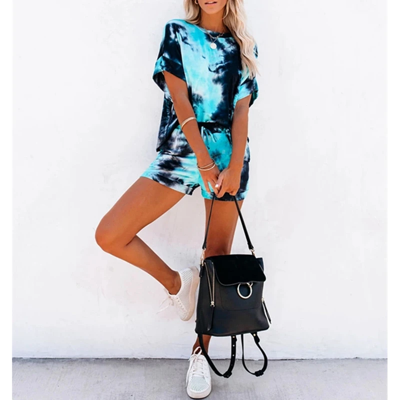 

WEPBEL Women's Tie-Dye Printed Loose Suit Summer O-Neck Off-Shoulder Short Sleeve T-shirt + Lace Up Pocket Straight Shorts Suit