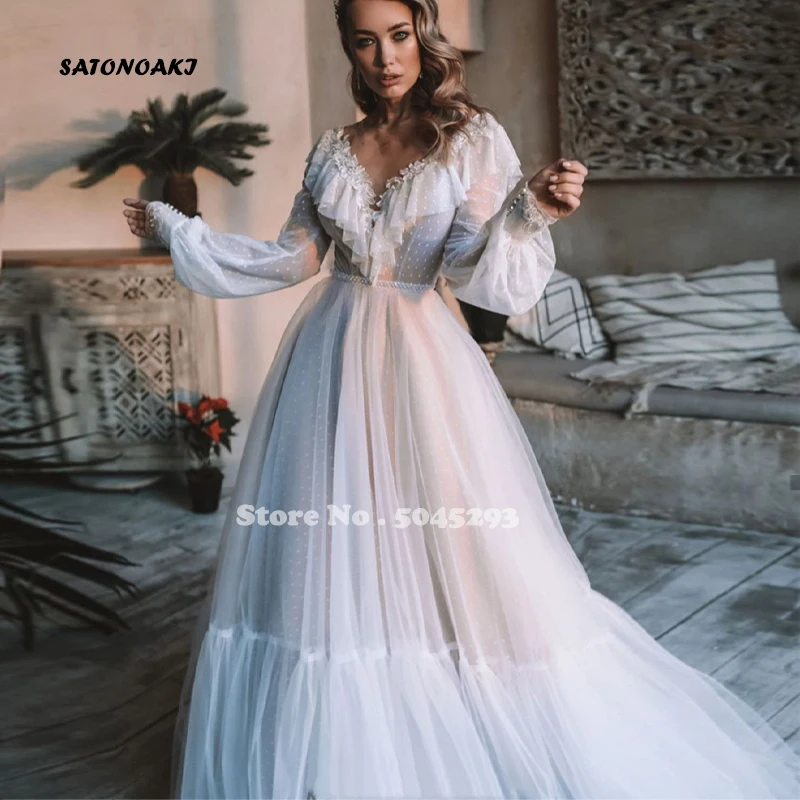 

Gorgeous Wedding Dress V-Neck Floor Length A-Line Lace Tulle Long Sleeve Button Back Bridal Gowns For Women Vestido De Novia
