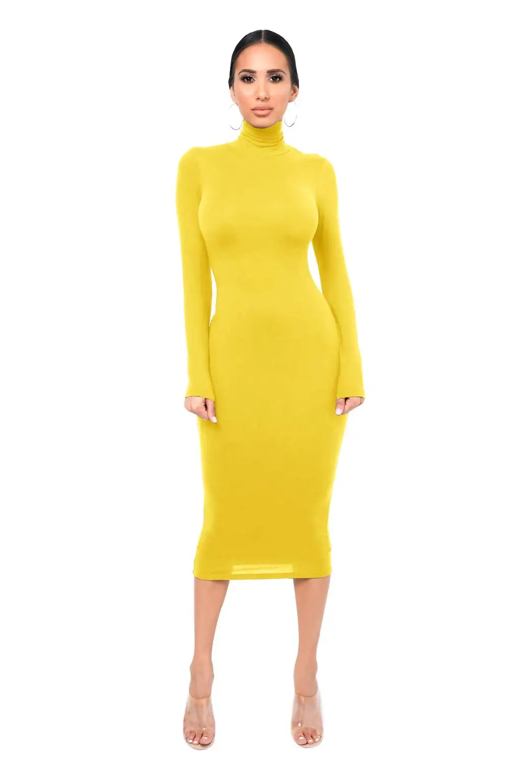 Sexy Women Long Sleeve Turtleneck Bodycon Dress Autumn Winter New Solid Casual Slim Package Hip Thick Fashion Party Vestidos