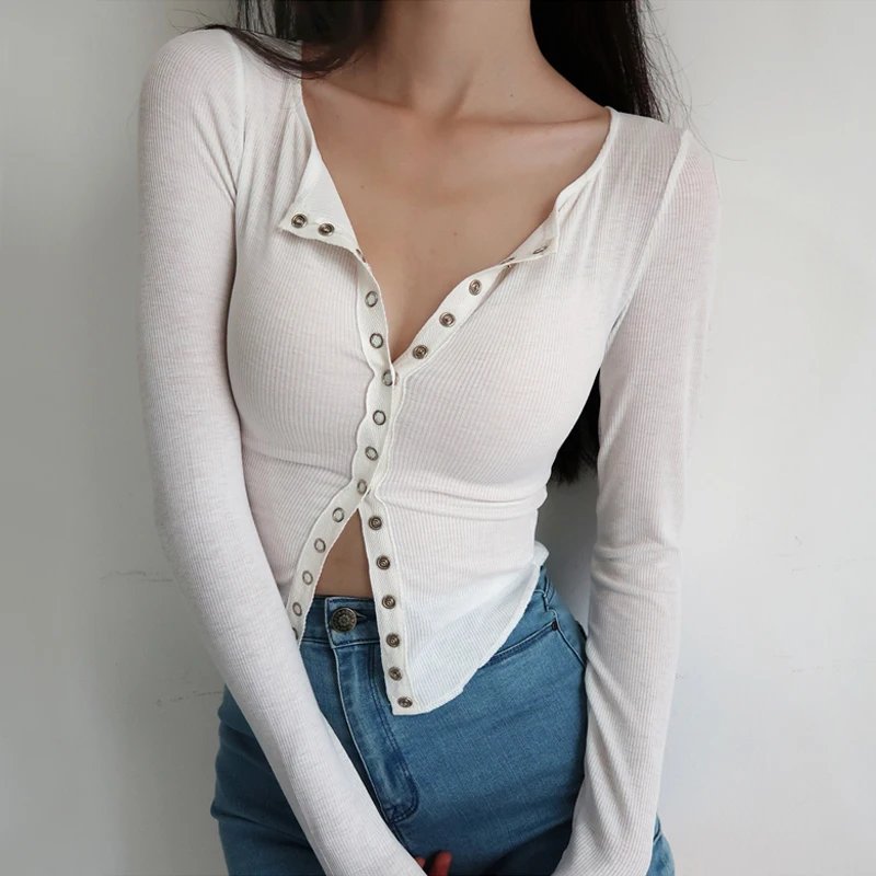 

Women Button-Through Translucent Crop T-shirt Long Sleeved Fit Ribbed Top