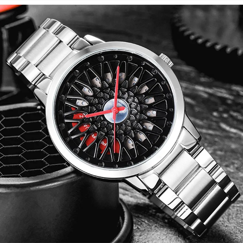 

Trend Car Wheel Wheel Design Quartz Watch Men Personality Three-Dimensional Hollow Dial Steel Belt Waterproof Men Watches