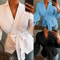 2021 spring new long sleeve v neck lantern sleeve button solid color shirt womens wear