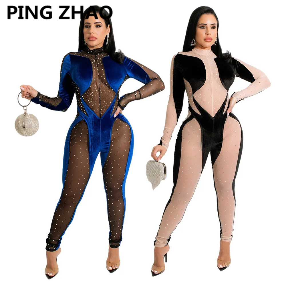 

PING ZHAO Women Diamonds Hot Drill Mesh See Though Velvet Patchwork Jumpsuit Elegant Sexy Party One Piece Overall Romper Plays