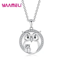 solid s925 sterling silver necklace for women girl birthday party gift hollow out night owl cubic zirconia inlay paved pendant