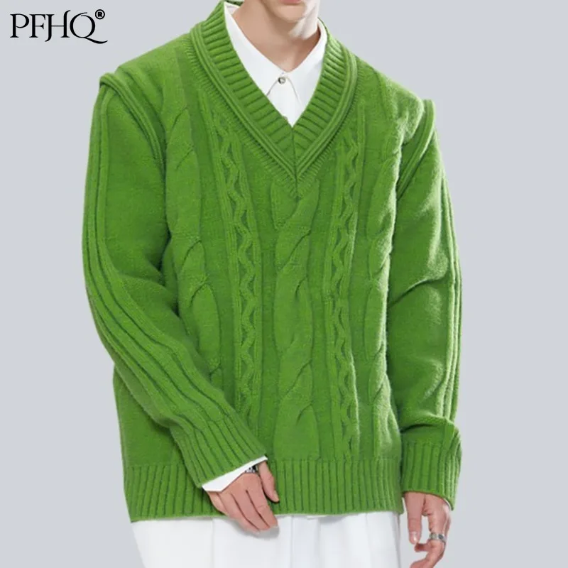 

Новинка 2021, мужской модный однотонный пуловер PFHQ, свободный тренд, v-образный вырез, жаккардовый плотный шерстяной вязаный свитер, Осень-зим...
