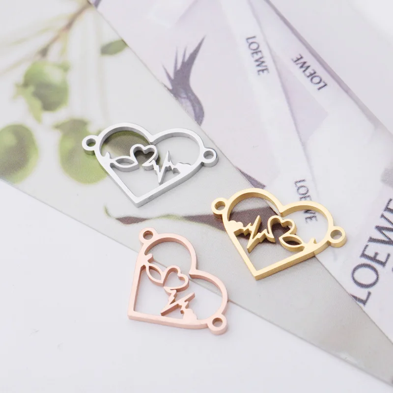 

Stainless Steel Love Heart Couple Pendant Heartbeat Charm Connector Double Hole DIY Jewelry Accessories