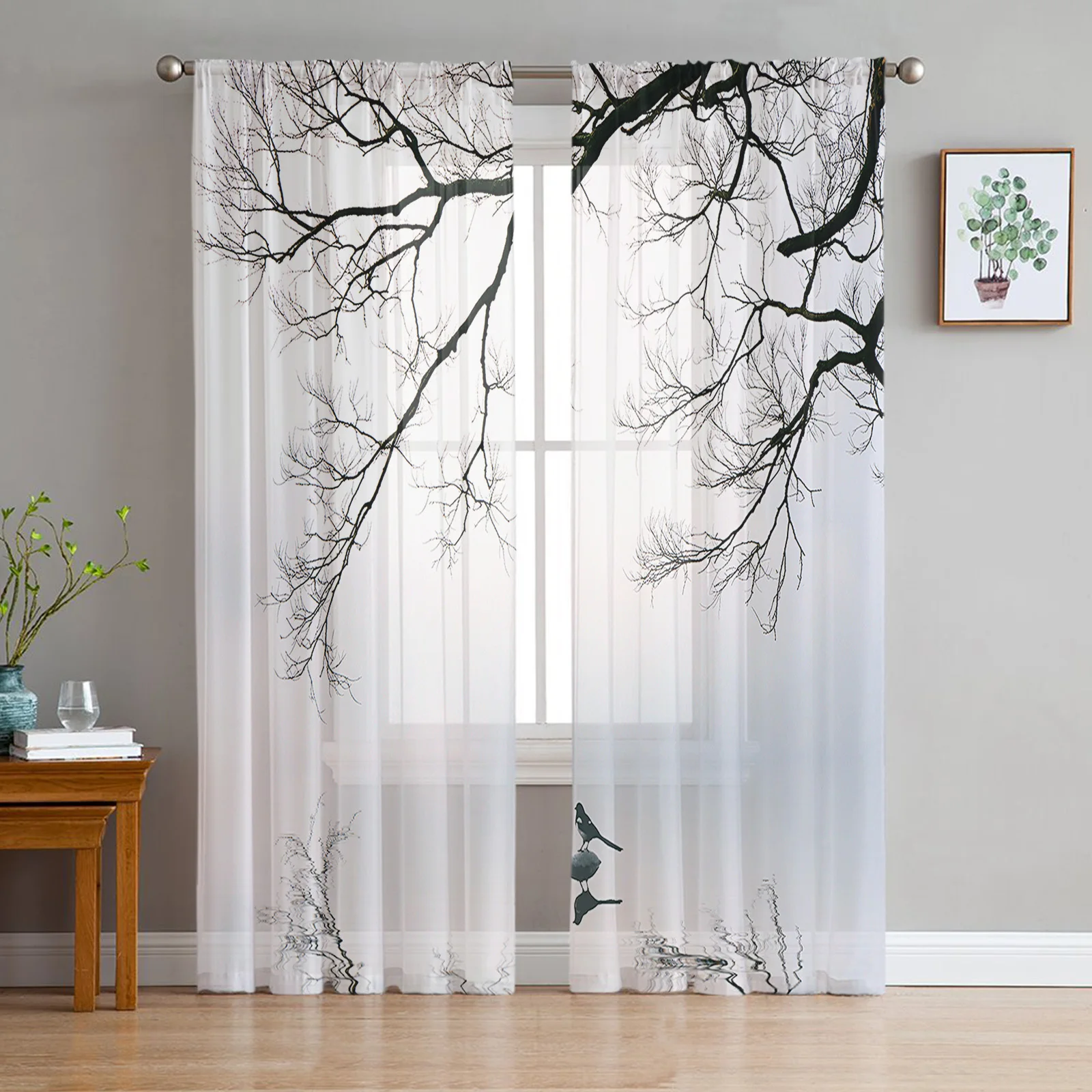 

Chinese Style Tree Winter Bird Reflection Tulle Curtains Living Room Kitchen Chiffon Curtain Bedroom Sheer Valance Curtain