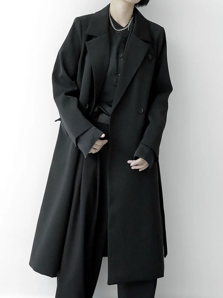 XUXI 2021 Autumn Double Breasted Long Windbreaker Women Loose Black Streetwear Wide-waisted Korean Long Sleeve Coat E4451