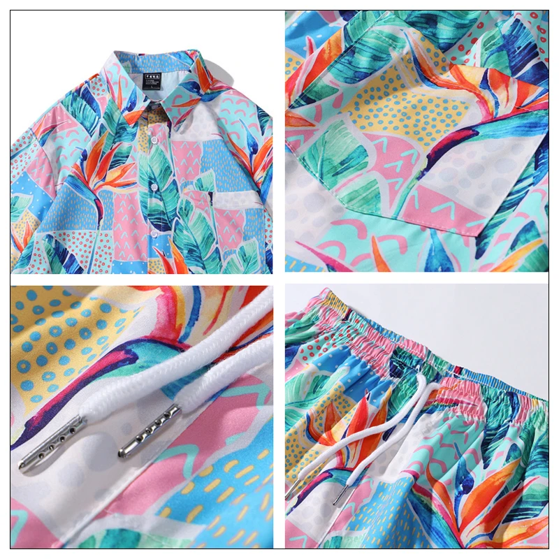 

GIMONTA Men's Short Sleeve Cardigan, Summer Sets, Shirts, Elastic Shorts, Fashionable Suits, Vintage Print, Hawaiian Beach, 2 Ps