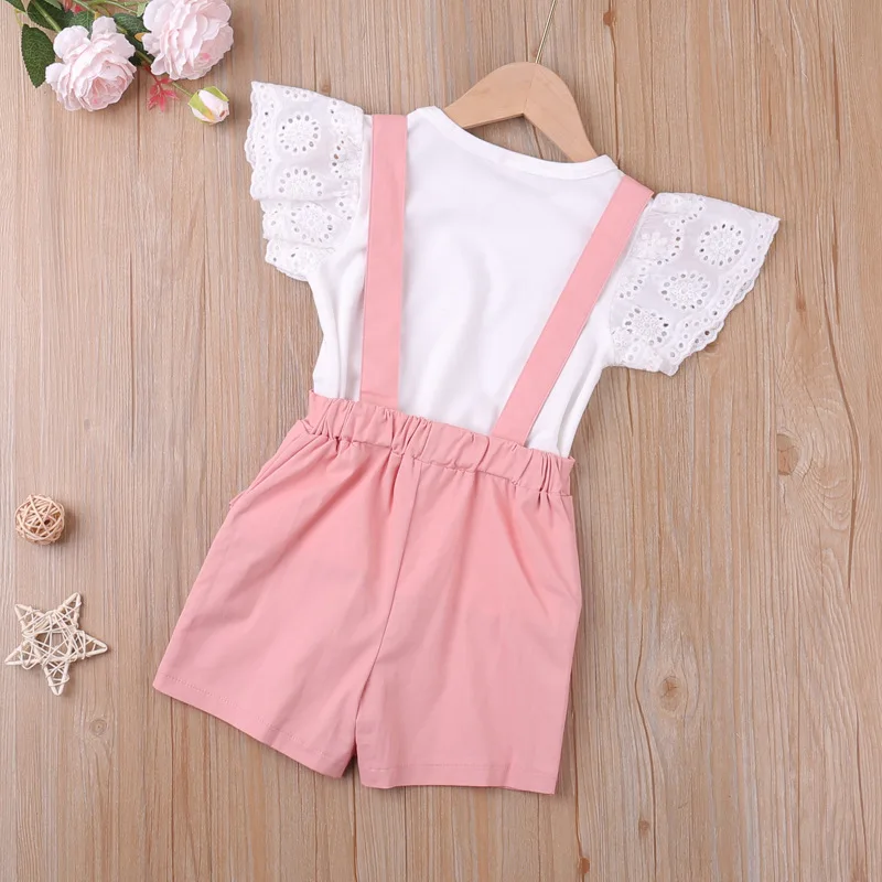 Girls Summer Clothing Set Casual Flying Sleeve Tops+Overall 2Pcs Outfits Sweet Girls Birthday Party Clothes For 2 3 4 5 6 Years