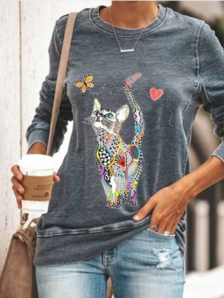 

2020 Autumn Lovely Cat Pullover Women T-Shirt Solid Color Long Sleeve Tops Plus Size O Neck Casual Tops